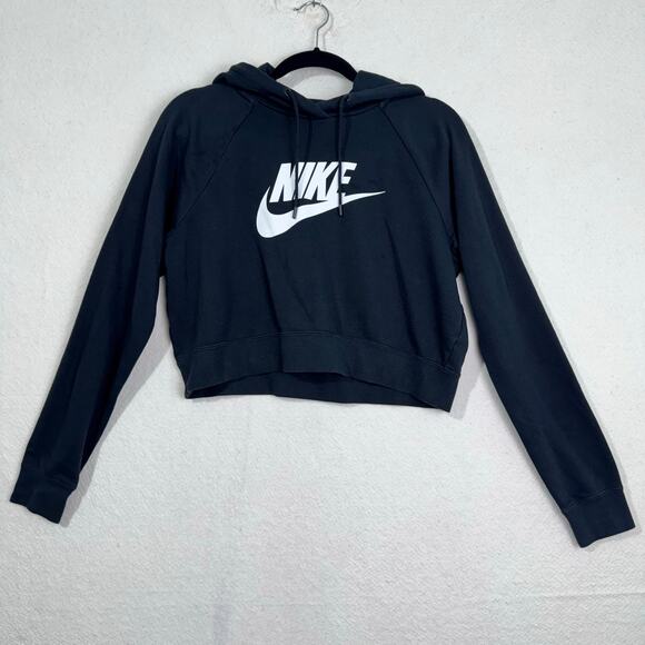 Nike Sportswear Essential Black Cropped Sweatshirt Hoodie Size Medium White Logo - Picture 1 of 6